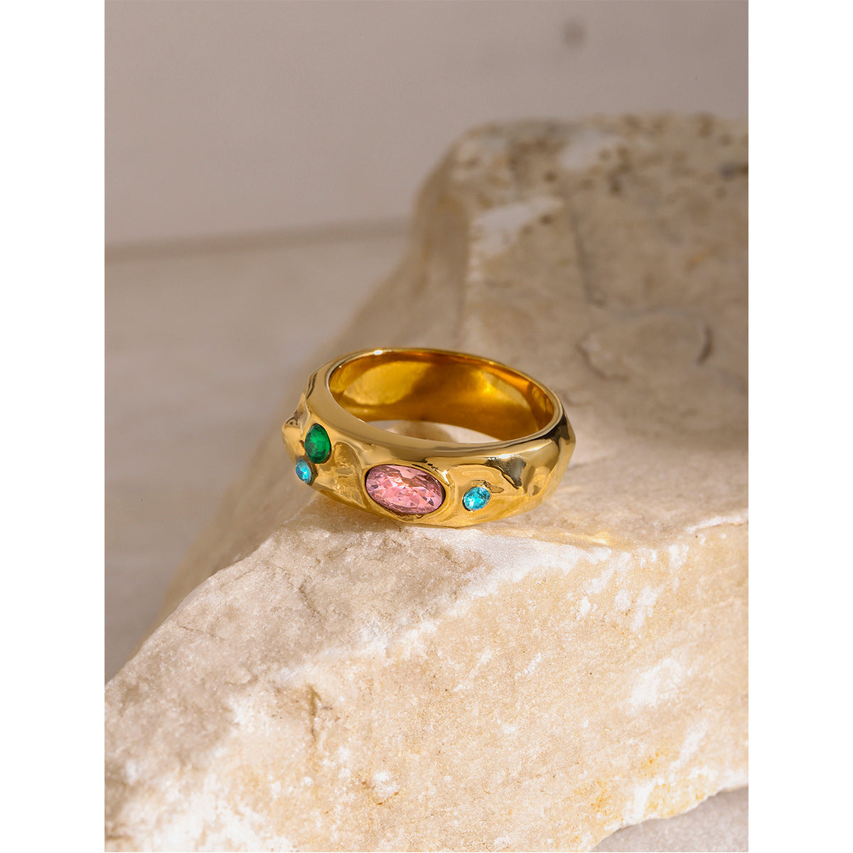18K Gold Plated Geometric Stainless Steel Ring with Pink Blue and Green Cubic Zirconia