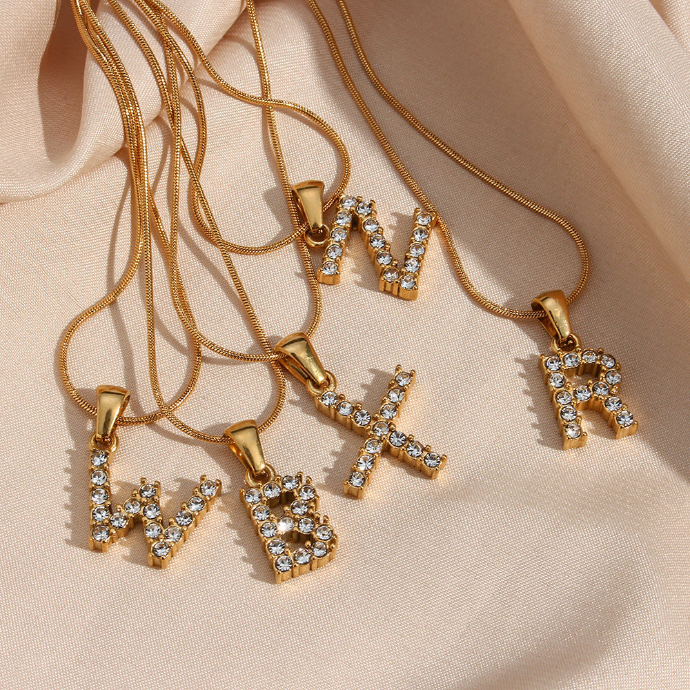 Fashion Minimalist Letter Pendant Necklace in Stainless Steel with 18K Gold Plating and Cubic Zirconia on Thin Snake Chain for Women