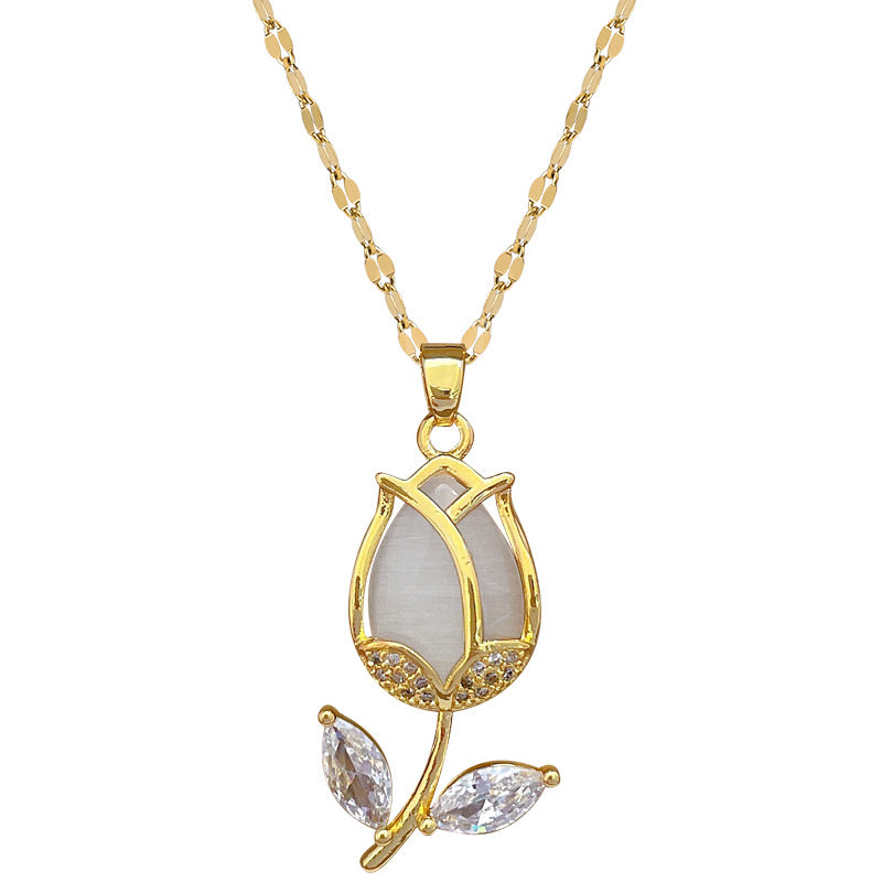 Collana girocollo a ciondolo di lusso a foglia di tulipano geometrica in acciaio al titanio con intarsio di strass