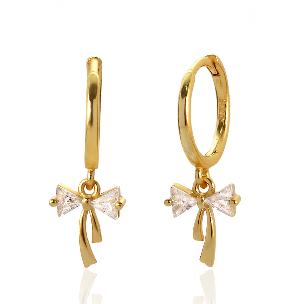 Orecchini a cerchio da donna in argento sterling 925 con fiocco e strass incastonati