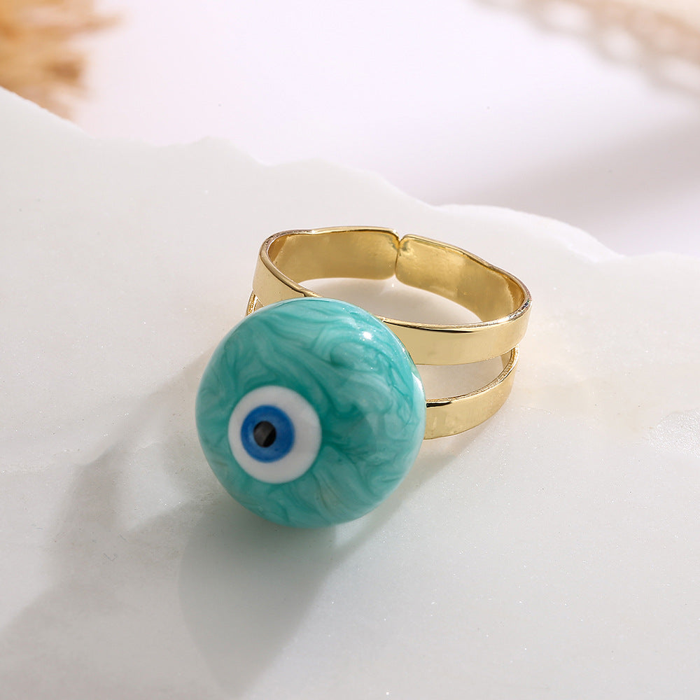 Fashionable Adjustable Evil Eye Ring for Women in Copper with Enamel Finish Geometric Design