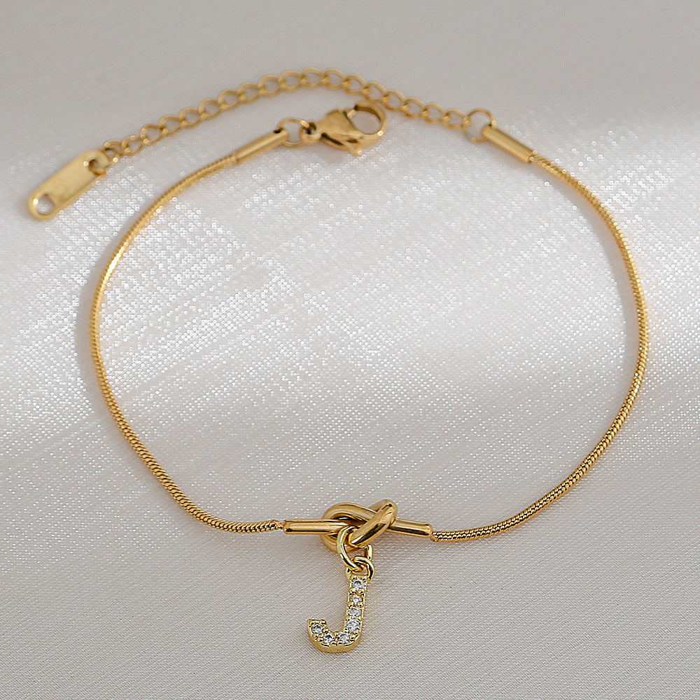 18K Gold Plated Stainless Steel Letter Heart Knot Charm Bar Bracelet for Women