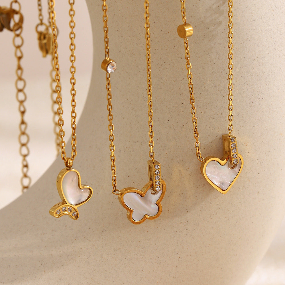 Sweet Elegant Heart Butterfly Stainless Steel Gold Plated Necklace for Women