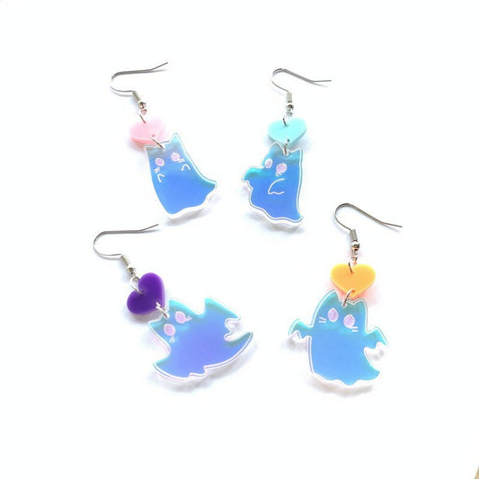 Lindos aretes acrílicos de gato fantasma de Halloween con colores de caramelo y efecto iridiscente