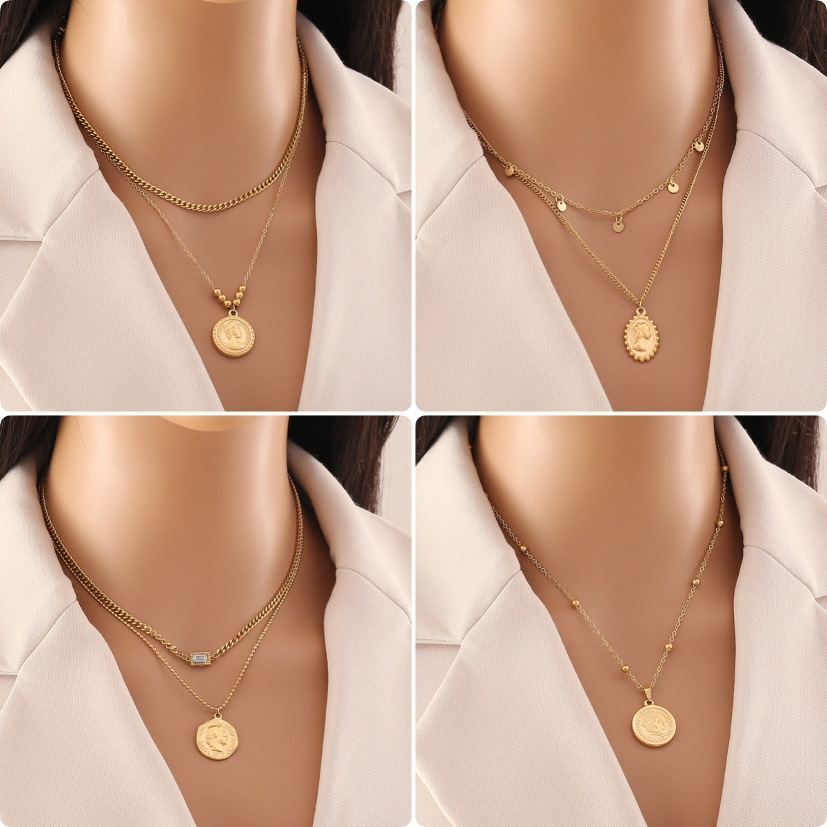 Collana con Pendente Personalizzata a Forma di Moneta da Donna in Acciaio Inossidabile con Finitura Placcata