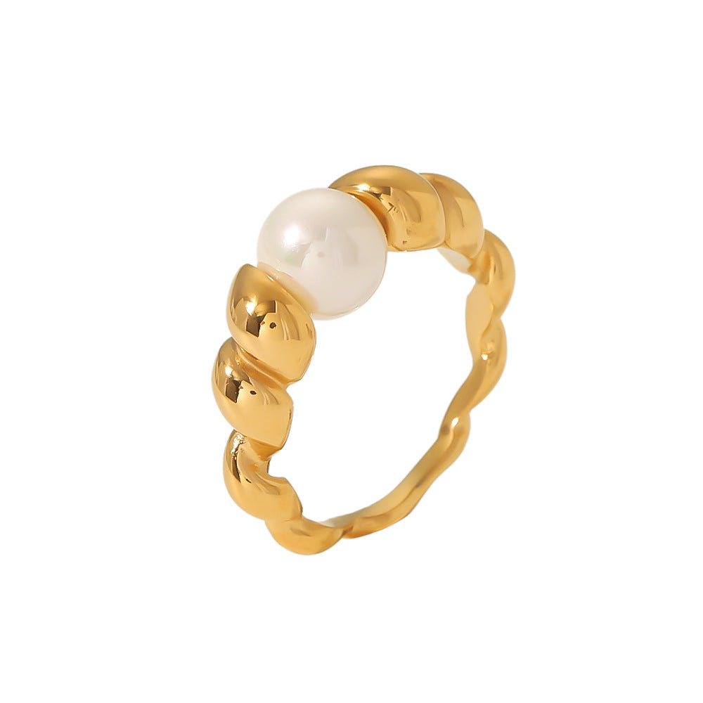 Vintage Geometric Stainless Steel Ring with Pearl Accents and 18K Vacuum Plating for Women