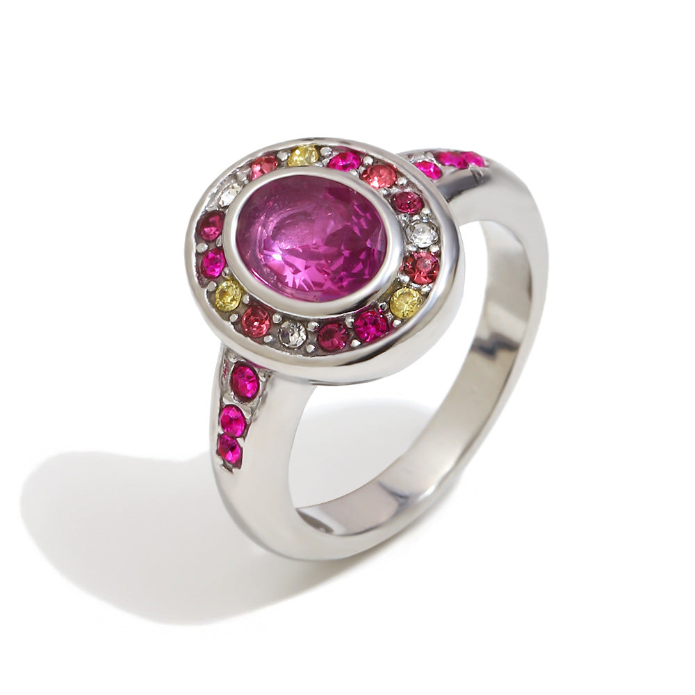 Minimalist Geometric Stainless Steel Ring with 18K Gold Plating and Colorful Zircon Inlay for Women