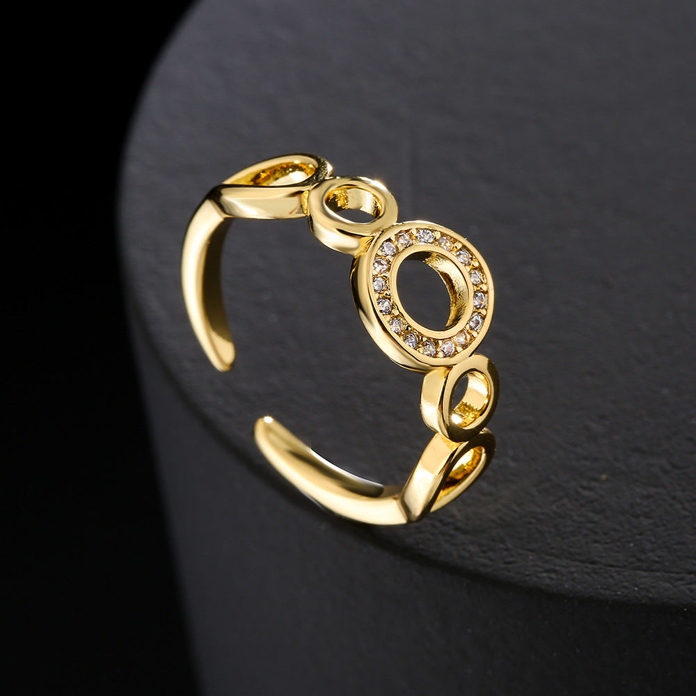 Anello Aperto Geometrico Stile INS da Donna Realizzato in Rame con Placcatura in Oro 18K e Zirconi Micro-Incastonati
