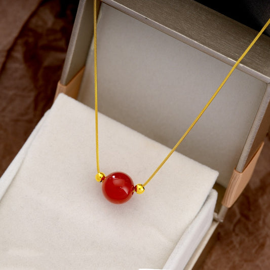 Minimalist Floral Red Agate Pendant Necklace for Women with Titanium Steel Snake Chain and Plated Finish