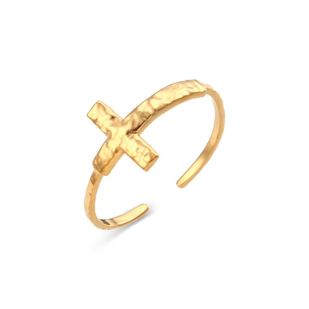 Anillo abierto trenzado de acero inoxidable calado geométrico a la moda para mujer con acabado chapado