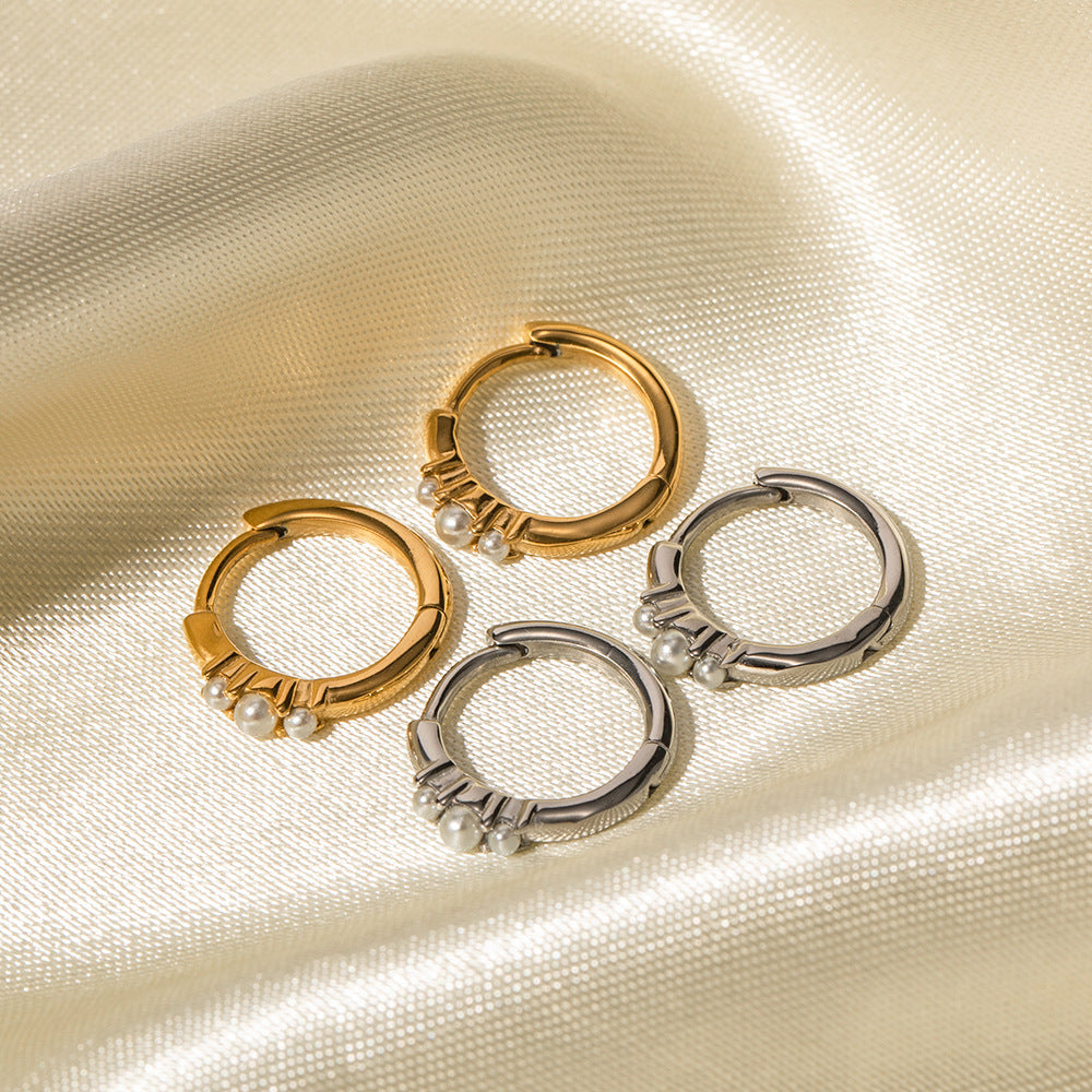 Geometric Circular Pearl Hoop Earrings for Women Stainless Steel Plated Trendy Jewelry