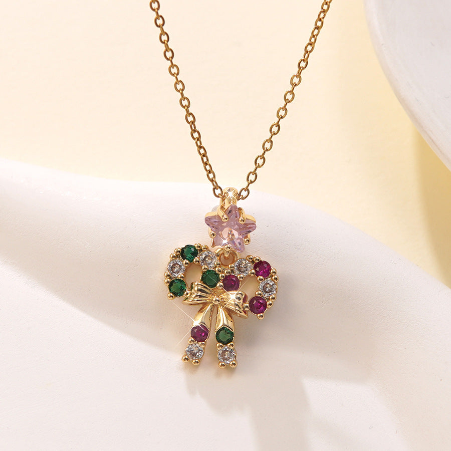 Luxury Stainless Steel Christmas Tree Snowman Bow Necklace with Glass Inlay Brass Pendant for Women