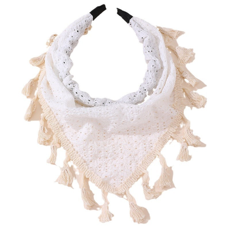 Diadema infantil con estampado floral bohemio con borlas y ribete de encaje en tela