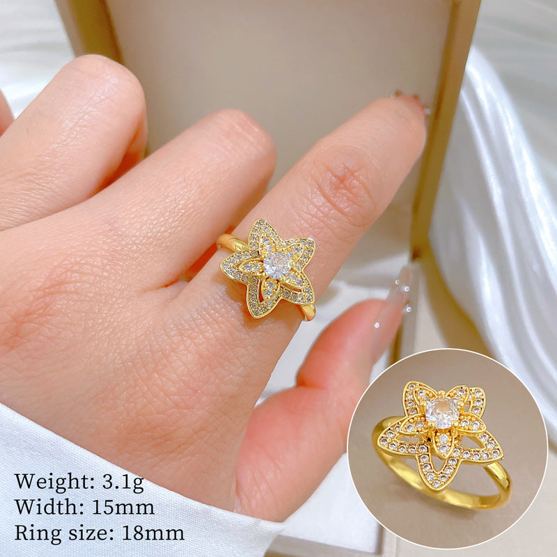 Minimalist Sweet Gold Plated Brass Floral Rotatable Adjustable Ring for Women and Couples
