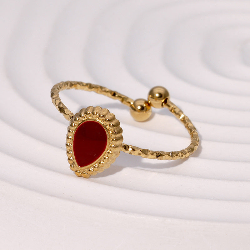Vintage French-Style Geometric Stainless Steel Adjustable Open Ring for Women with Polished Finish and Heart-Eye Motif