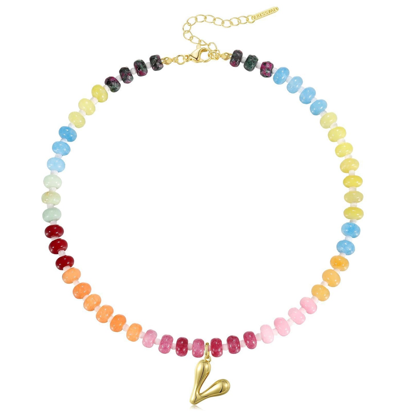 Colorful Abacus Bead Choker Necklace with 26 Bubble Letter Brass Pendants Serpentine Chain Unisex Stone Jewelry