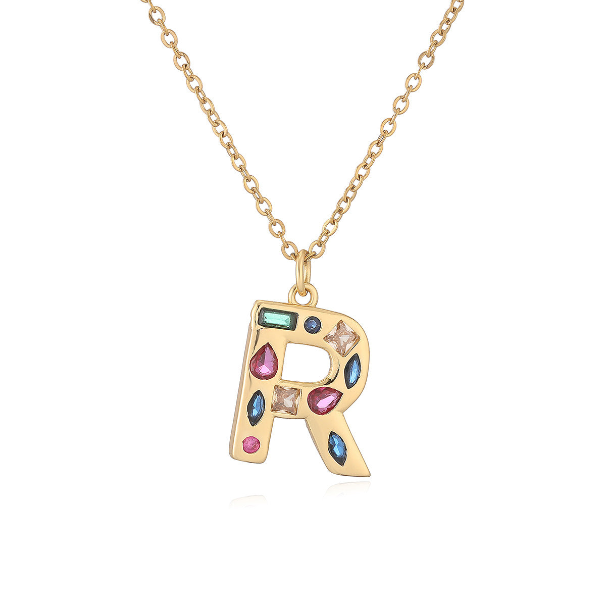 Minimalist Letter Shape Copper Pendant Necklace with 18K Gold Plating and Colored Zircon Inlay for Women