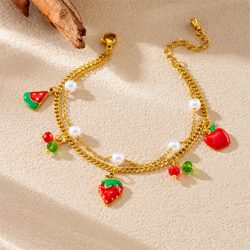 Sweet Red Drip Oil Fruit Series Strawberry Cherry Watermelon Stainless Steel Bracelet
