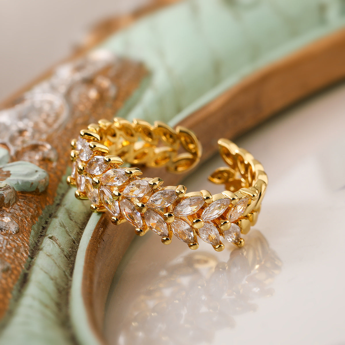 Minimalist Geometric Open-End Wheat Sheaf Ring for Women in Brass with Real Gold Plating and Zircon Inlay