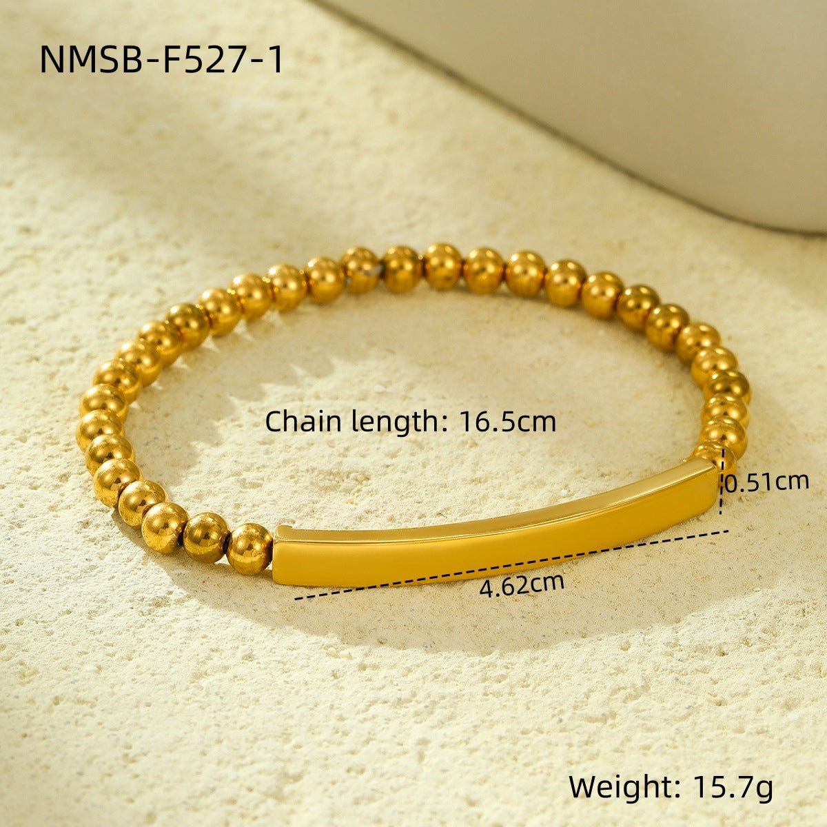 Pulsera minimalista de acero inoxidable de moda con cuentas redondas bañadas en oro de 18 quilates y dije personalizable de acero de titanio para mujer