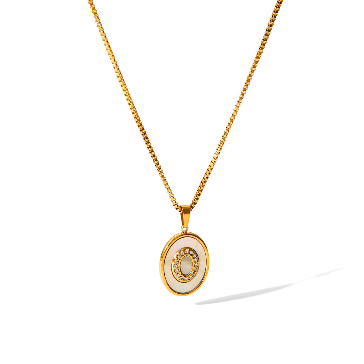 Trendy Geometric 18K Gold Plated Stainless Steel Necklace with White Mother of Pearl Inlay Box Chain