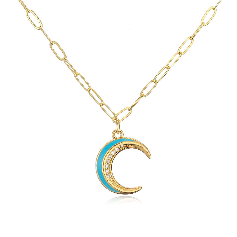 Cute INS-Style Geometric Moon Pendant Necklace for Women with Copper Base Plated in 18K Gold and Enamel Finish, Rainbow Rhinestone Inlay