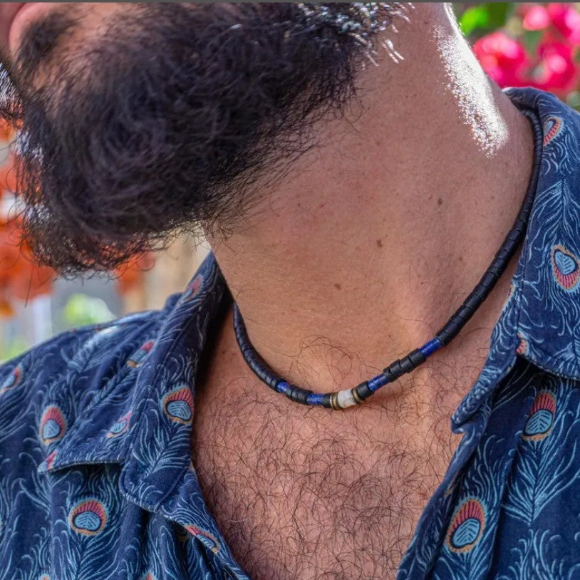 Bohemian Vintage Punk Hip-hop Geometric Handmade Wood Lapis Lazuli Beaded Necklace with Shell Pendant for Unisex