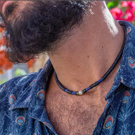 Bohemian Vintage Punk Hip-hop Geometric Handmade Wood Lapis Lazuli Beaded Necklace with Shell Pendant for Unisex