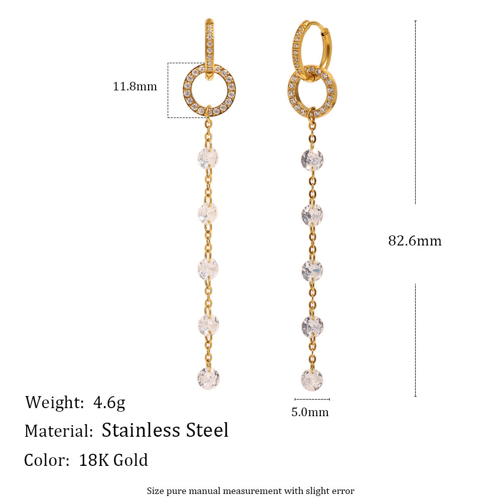 Minimalist Geometric Stainless Steel Earrings with 18K Gold Plating and Zircon Long Fringe for Women