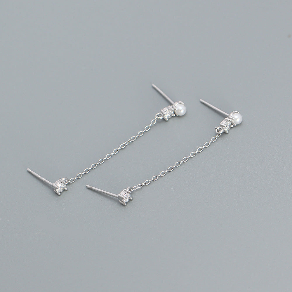 Orecchini pendenti da donna in argento sterling 925 con perle finte e intarsi in strass, design geometrico dolce e audace