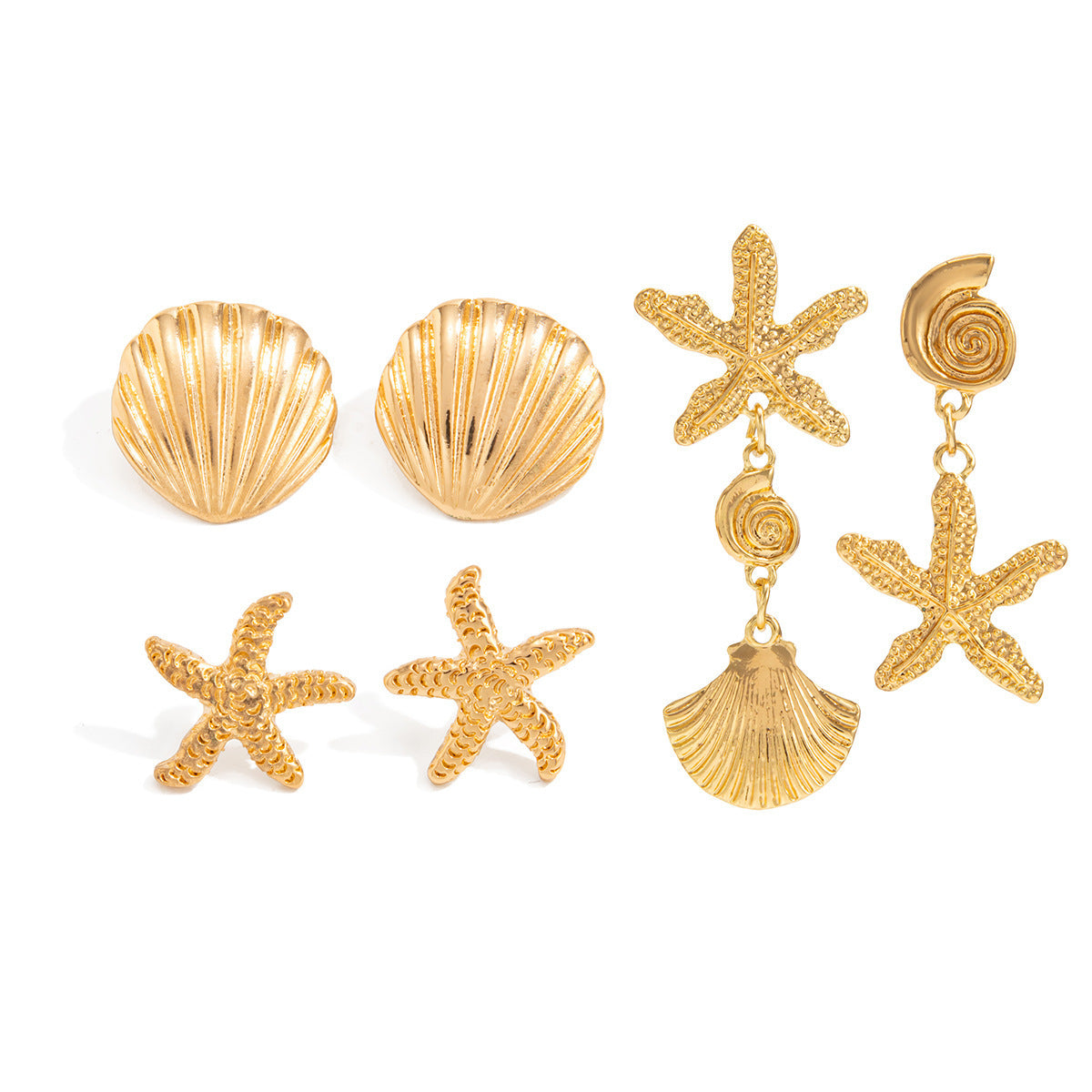 Elegant Alloy Starfish and Pearl Stud Earrings with Shell Elements