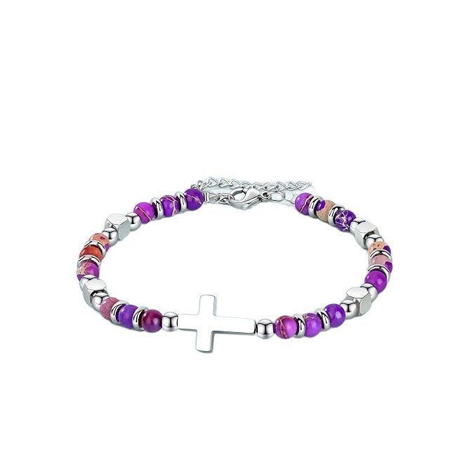 Sweet Geometric Cross Stainless Steel Bracelet with 4mm Amethyst and Amazonite Beads Unisex