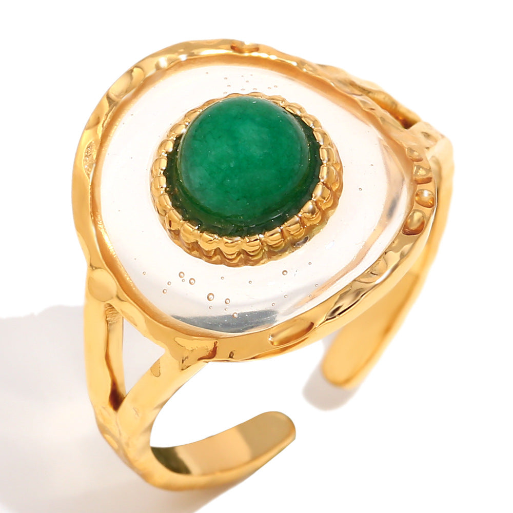 Vintage French Style Geometric Stainless Steel Ring with 18K Gold Plating and Acrylic Green Gemstone for Women