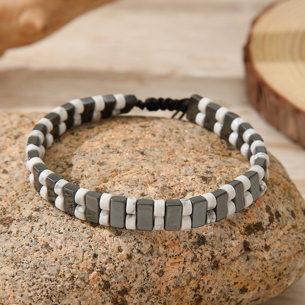 Geometric Handmade Beaded Tiger Eye and Hematite Bracelet with Woven Cord