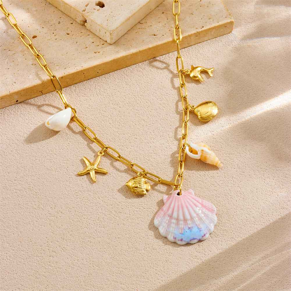 Chic Gold Plated Stainless Steel Animal Starfish Shell Dolphin Pendant Necklace for Women
