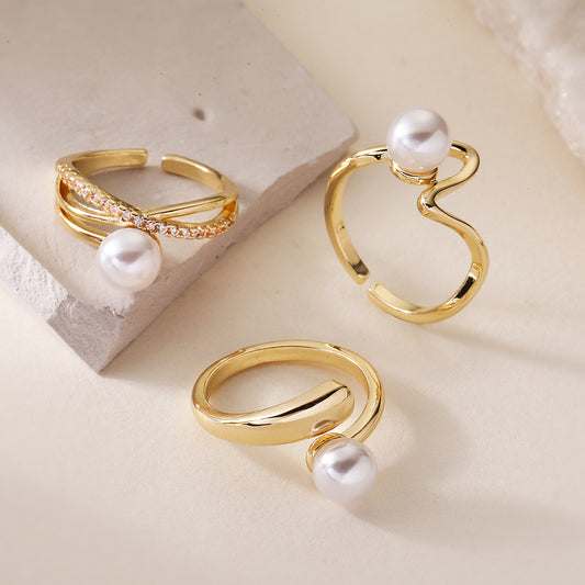 Geometric Open Ring for Women with Copper Base Plated in 18K Gold Featuring Zircon and Pearl Accents Minimalist Fashion Accessory