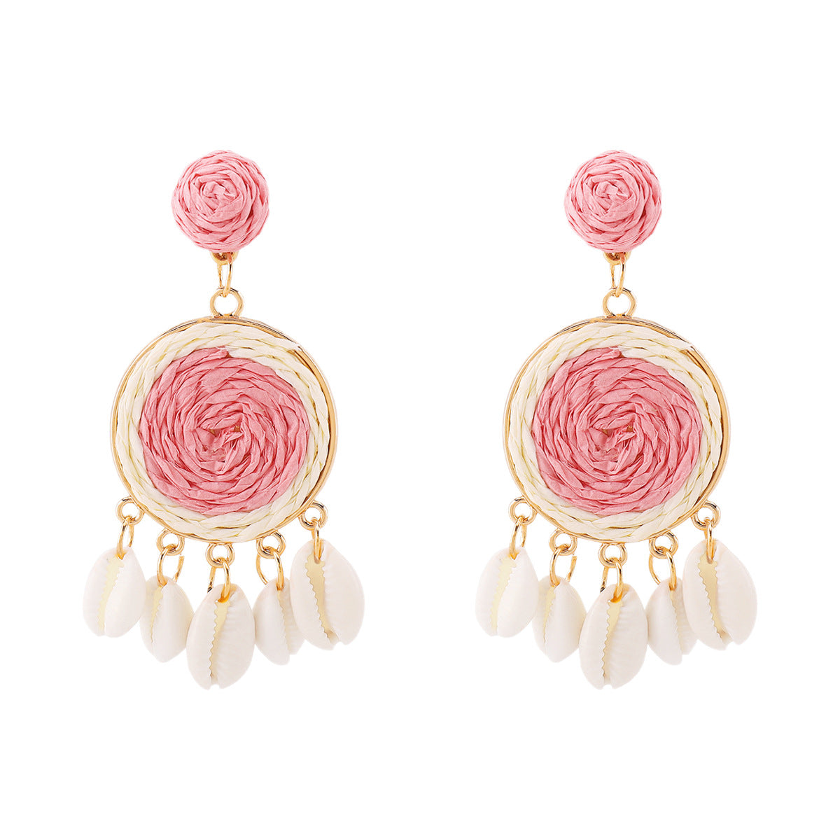 Pendientes de aleación con diseño geométrico y rafia de estilo dulce con detalles de conchas para mujer, joyería para vacaciones de verano