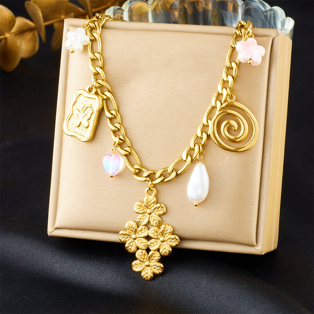 Fashionable Gold-Plated Stainless Steel Floral Butterfly Diamond Square Pendant Necklace with Cuban Chain for Women