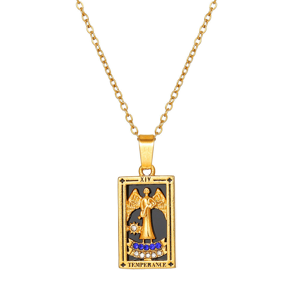 Vintage Casual Rectangle Drip Oil Cubic Zirconia Stainless Steel Necklace with Geometric Tarot Pendant Cable Chain Unisex