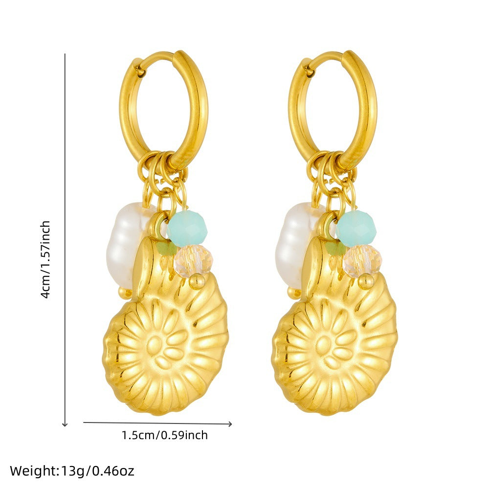 Minimalist Gold Plated Conch Shell and Pearl Drop Earrings for Women