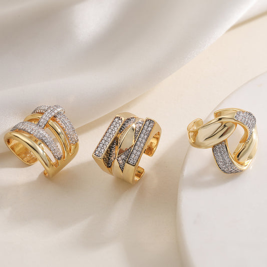 Minimalist Vintage Geometric Gold Plated Brass Ring with Cubic Zirconia for Women
