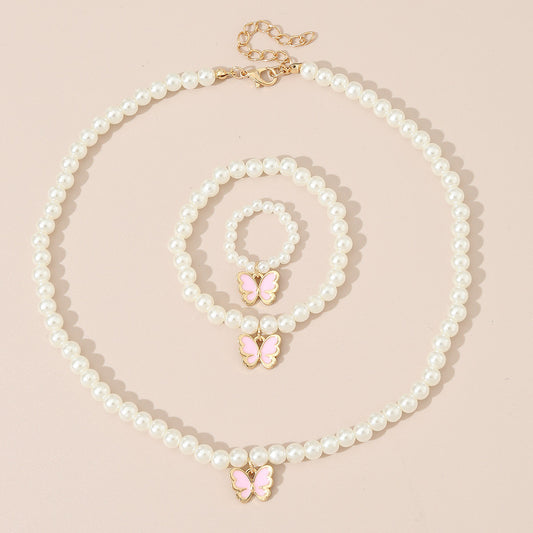 Minimalist Butterfly Pendant Necklace Set for Kids with Alloy Butterfly Charm and Pearl Chain