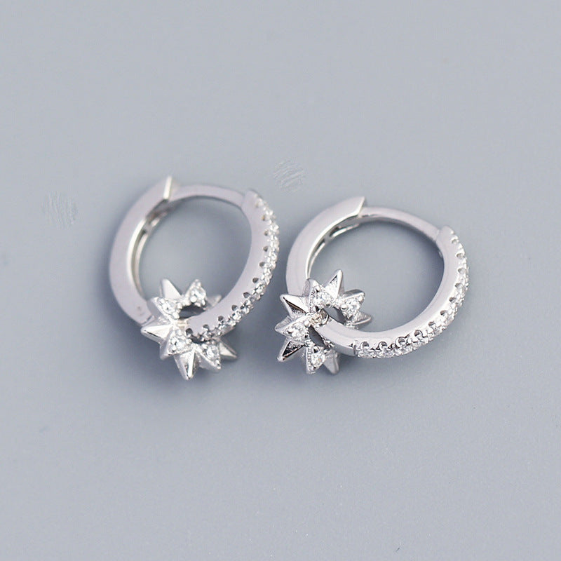 Elegant Minimalist 925 Sterling Silver Star Hoop Earrings with Rhinestone Inlay Rotating Design