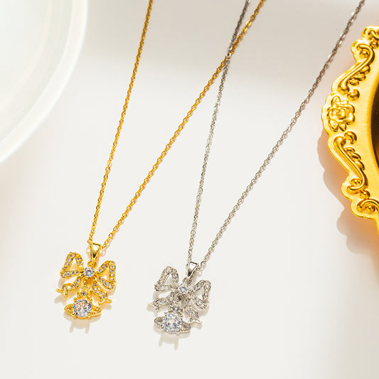Collar minimalista de acero de titanio en forma de lazo con incrustaciones de pedrería para mujer, cadena O, joyería delicada para la clavícula