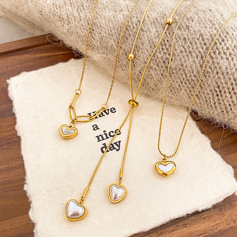 Layered Heart Micro-pave Shell Plated Titanium Steel Necklace for Unisex