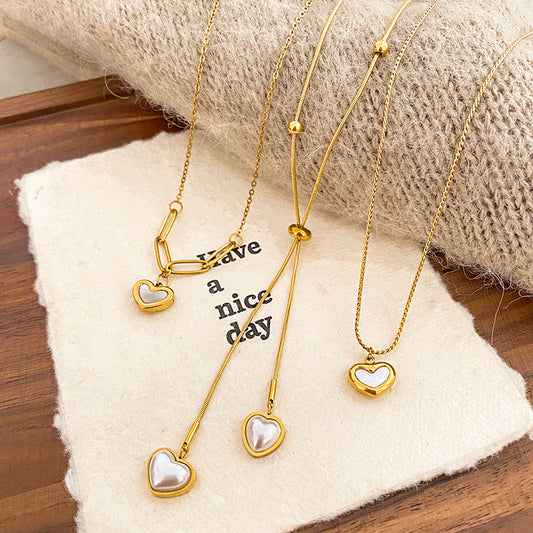 Layered Heart Micro-pave Shell Plated Titanium Steel Necklace for Unisex