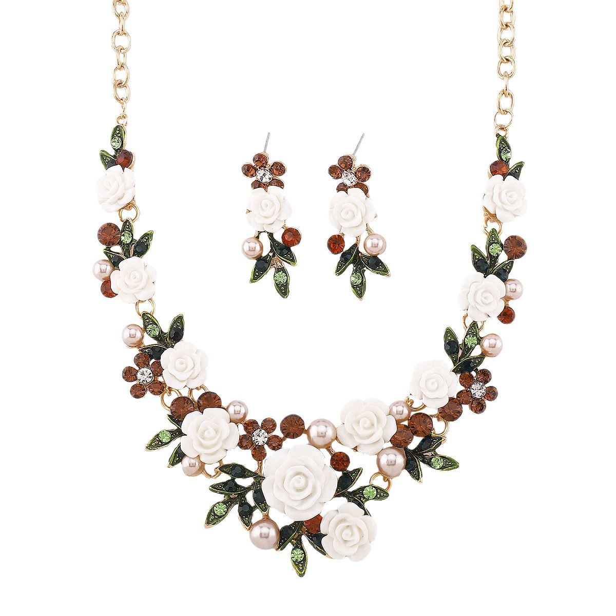 Set di collana, orecchini e bracciale floreale in lega e resina con intarsi di strass per donna