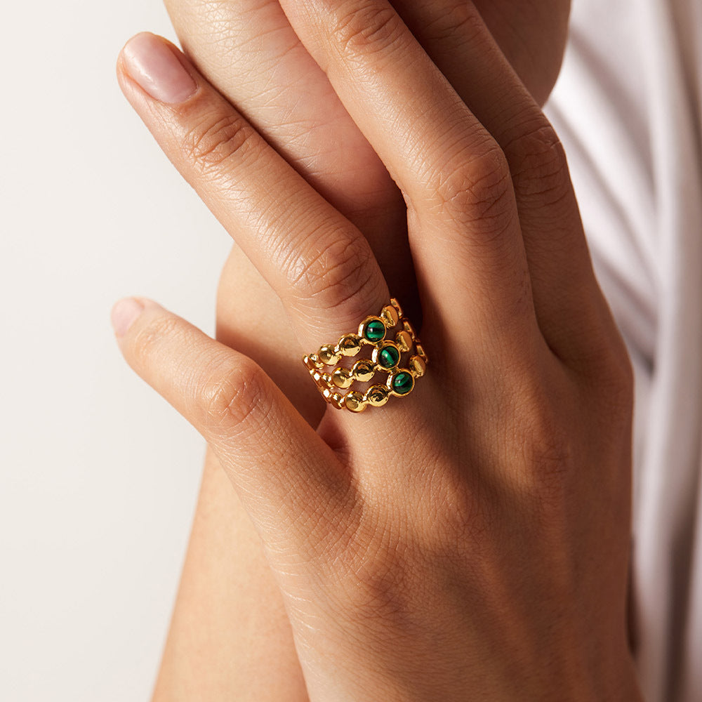 Anello in acciaio inossidabile geometrico stile INS con placcatura in oro 18 carati e intarsio in malachite da donna
