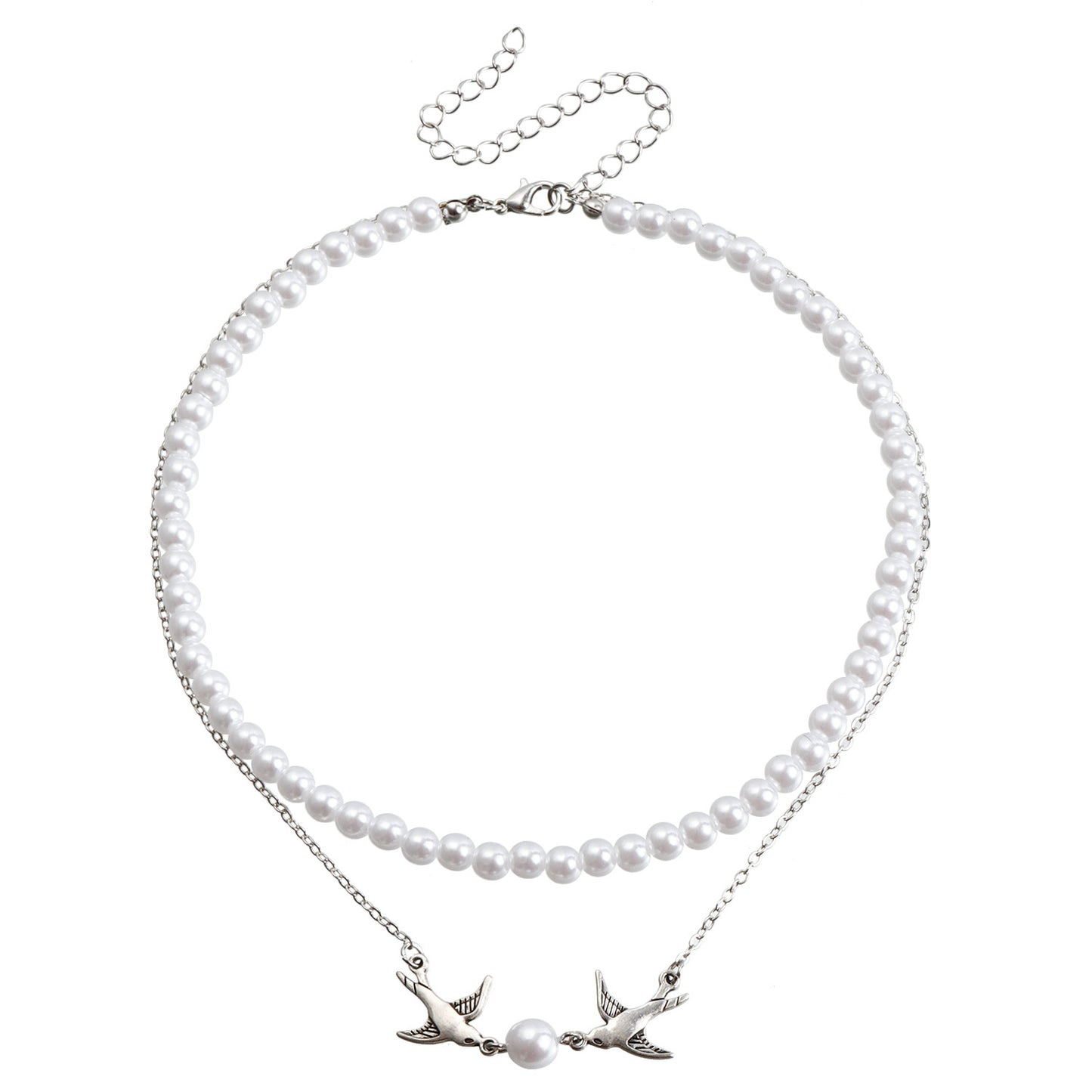 Fashionable Double-Layer Bird-Shaped Pendant Necklace for Women with Alloy Charm and Simulated Pearl Beads on Clavicle Chain