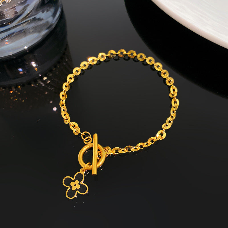 Black Geometric Four-Leaf Clover Plated Titanium Steel Bracelet with OT Clasp